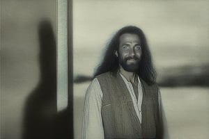 Ultra wide shot on a technicolor filter captures the eerie moment: a hobo male with straight, very long hair and piercing blue eyes donning 1960s attire stands before a worn trailer. His enigmatic smile seems to hold secrets as he's backlit by a warm glow, contrasting starkly against the black-and-white tones of the movie still.