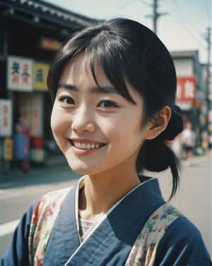 Portrait of happy japanese girl hyperrealistic surrealism Technicolor 8k  photorealistic photography Nikon on film Kodak Tri-X Pan 800 iso drawn in Style of Enki tBilal,LinkGirl,photo r3al