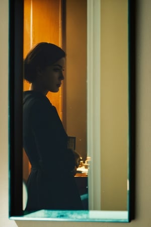 A grainy reflection in an old mirror, showing a person with a solemn expression looking at a camera in their hand, in a dimly lit room, with a film grain effect, in the style of Edward Hopper