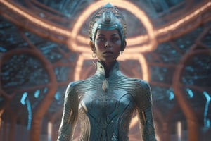 Photorealistic cyber monk girl in translucent neural habit engraved with alien scripture, standing full body as glowing energy phantom serpents coil around her. Towering geometric alien temples in background beam digital energy into sky. Crisp focus on girl, textured outfit, tangible serpent scales, sci-fi backdrop. Subtle cinematic lighting enhances atmospheric mood. VFX of spectral emissions from temples. Detailed 8K resolution CGI ,photo r3al
