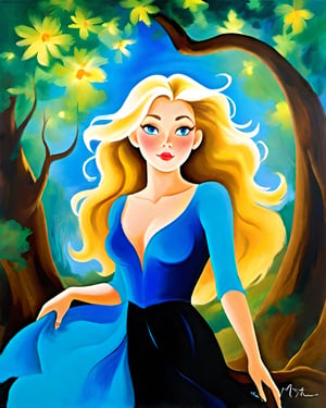 In a mesmerizingly enchanting painting, a stunning blond woman commands attention with her captivating beauty, exuding an irresistible and radiant charm that effortlessly captures every gaze. Her sparkling blue eyes and flawless complexion complement her flowing golden locks, enhancing her ethereal allure. The image, a masterpiece of fine art, portrays her with meticulous brushstrokes and vibrant colors, showcasing the artist's exceptional talent and attention to detail. This high-quality painting encapsulates the woman's captivating presence, leaving viewers bewitched by her charismatic aura and timeless elegance.