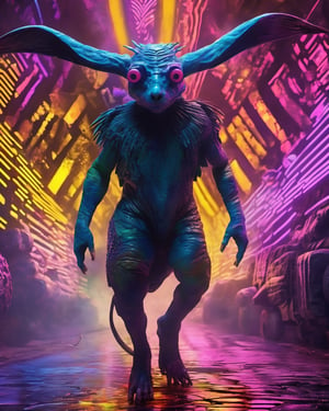 A  creature against a psychedelic background, in style bladerunner the movie, sculptural chaos,  digitalism, photorealistic paintings, 32k uhd, digital art marvels, conceptual artwork, hyperrealistic photography, ultra detailed
