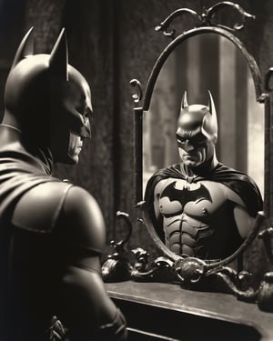 film still of [batman.fantasy], looking in the mirror, 70mm film, tritone color grading, deep focus, set in 1934