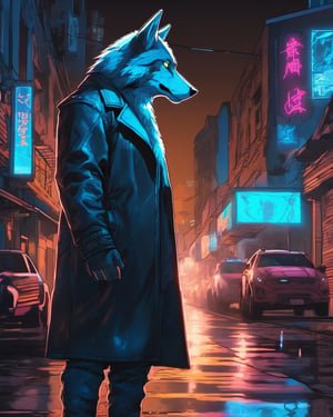 image of a man in a leather coat standing in a city at night, high quality cyberpunk art, an anthro wolf, cryptocurrency in the background, headlights shine with neon light, of an cyber gods, animals in the streets, sky-blue thick fur robes, in a dark alley, by Christopher Moeller