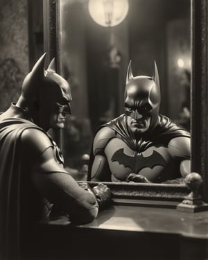 film still of [batman.fantasy], looking in the mirror, 70mm film, tritone color grading, deep focus, set in 1934