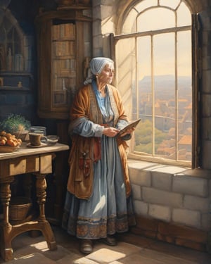 A Jan Hackaert-inspired painting of a 50-year-old woman, dressed in 1050-style clothing, with a dreamlike atmosphere, illuminated by the light of an open window, and a perfect balance between the light and the dark,detailmaster2