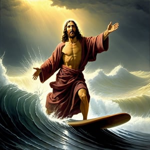  Jesus surfing on the surface of water in a storm and inviting the audience of the picture to join Him by stretching His right hand to the front