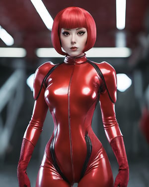 female in a red latex suit is posing for a picture, trending on tiktok, cgsociety 9, “anime girl, matt berry, high collar, gogo : :, from a 1 9 sci fi 8 k movie, ball jointed doll, short redhead, realistic manga, zentai suit, chrome bob haircut, bbc news