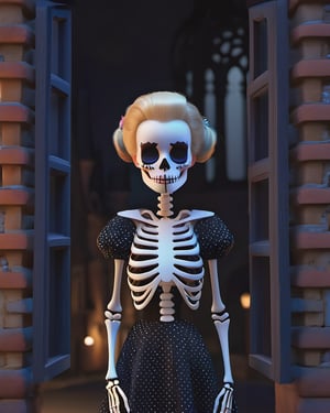 there is a girl in a dress and skeleton makeup standing in a street,  animated movie shot,  rendered with substance designer,  dia de muertos dress and make up,  a girl with blonde hair,  the blacksmits’ daughter,  highly detailed character sheet,  dark neighborhood,  background is Transylvanian castle,  cute character,  death and robots,  charlize,  standing in front,  dreamlike atmosphere,  illuminated by the light of an open window,  and a perfect balance between the light and the dark, detailmaster2, photo r3al