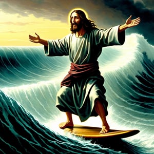  Jesus surfing on the surface of water in a storm and inviting the audience of the picture to join Him by stretching His right hand to the front