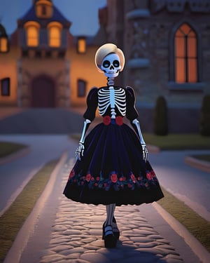 there is a girl in a dress and skeleton makeup standing in a street,  animated movie shot,  rendered with substance designer,  dia de muertos dress and make up,  a girl with blonde hair,  the blacksmits’ daughter,  highly detailed character sheet,  dark neighborhood,  background is Transylvanian castle,  cute character,  death and robots,  charlize,  standing in front,  dreamlike atmosphere,  illuminated by the light of an open window,  and a perfect balance between the light and the dark, detailmaster2, photo r3al