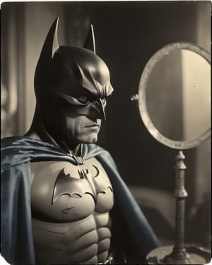 film still of [batman.fantasy], looking in the mirror, 70mm film, tritone color grading, deep focus, set in 1934