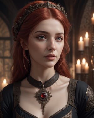 Insidious portrait of a woman in a black dress, unreal engine fantasy art, lovely bohemian princess, hyperrealistic aesthetic, very detailed medieval, zenobia, depicted as a 3 d render, inspired by Edward Robert Hughes, very beautiful woman with red hair, realistic proportions sfw, waifu, aesthetic, from witcher (2021), Hyperrealistic, splash art, concept art, mid shot, intricately detailed, color depth, dramatic, 2/3 face angle, side light, colorful background