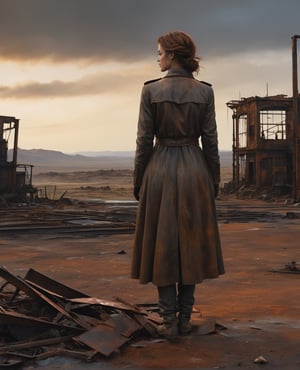 In this visually stunning image, we are presented with a portrait of a desolate female figure surrounded by rusty metals and faded, peeling paint. The scene exudes a sense of abandonment and decay. Created through a collaborative effort between cinematic artists such as Dan Mumford, James Jean, and CGI masters skilled in photorealism, this painting or photograph captures the somber beauty of a desolate landscape. The rusty metals and weathered paint add a haunting quality to the image, while the high level of detail and craftsmanship by Framestore, Weta, Digital, Industrial Light & Magic, and DNEG showcase the undeniable mastery of these visual effects studios.