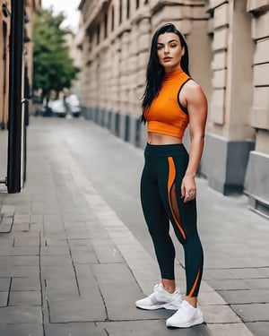 a woman in a orange top and leggings standing on a sidewalk, instagram model, short black hair, Maria becker, athletic footage, full face, large hips, glass skin, nika maisuradze, dressed in a beautiful sport clothing 