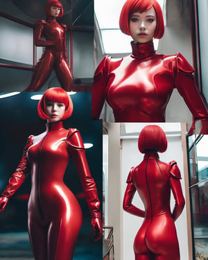 female in a red latex suit is posing for a picture, trending on tiktok, cgsociety 9, “anime girl, matt berry, high collar, gogo : :, from a 1 9 sci fi 8 k movie, ball jointed doll, short redhead, realistic manga, zentai suit, chrome bob haircut, bbc news