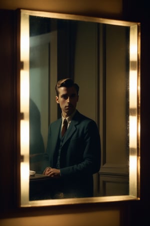 A grainy reflection in an old mirror, showing a person with a solemn expression looking at a camera in their hand, in a dimly lit room, with a film grain effect, in the style of Edward Hopper