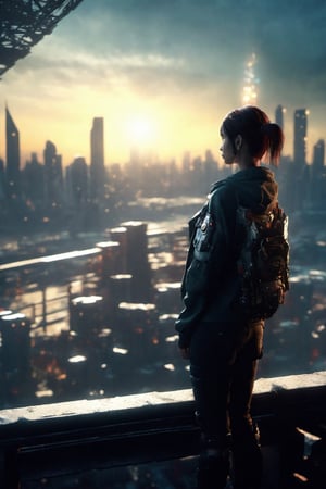  Dystopian, High Detail RAW color Photo, Full Shot, (cute female), standing on an overlook, looking out at sprawling cyberpunk city skyline, perfect face, (highly detailed, fine details, intricate), lens flare:0.5, (bloom:0.5), raytracing, specular lighting, shallow depth of field, 200mm lens, hard focus, smooth, cinematic film still