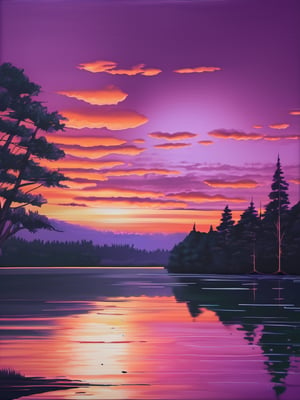 painting of a sunset over a lake with trees and a lake, trending on artstration, at purple sunset, an ai generated image, detailed anime artwork, floral splash painting, very reflective, superflat art, andrew tate, 64 bit realistic painting, artgram, artstatiom, painting of a forest
