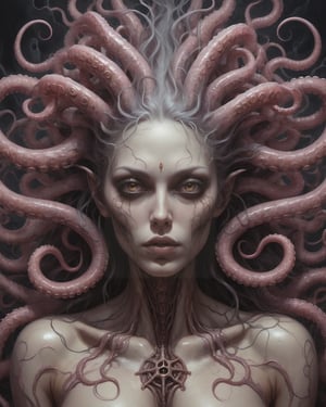 a close up of a painting of a woman with a bunch of tentacles, psytrance and giger, necromorph, fat ripped satanic creature, d cg, pillhead, muscular figure, atheism god, horror animatronic, ffffound, maternal, mike judge art style, tarot card the empress, sie boob