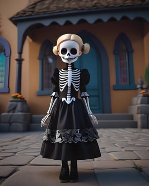 there is a girl in a dress and skeleton makeup standing in a street,  animated movie shot,  rendered with substance designer,  dia de muertos dress and make up,  a girl with blonde hair,  the blacksmits’ daughter,  highly detailed character sheet,  dark neighborhood,  background is Transylvanian castle,  cute character,  death and robots,  charlize,  standing in front,  dreamlike atmosphere,  illuminated by the light of an open window,  and a perfect balance between the light and the dark, detailmaster2, photo r3al