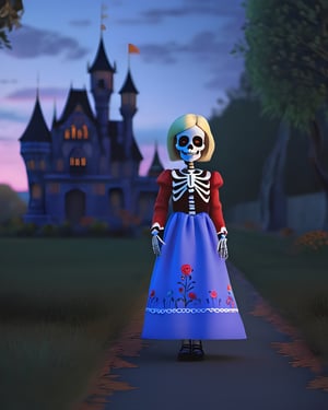 there is a girl in a dress and skeleton makeup standing in a street,  animated movie shot,  rendered with substance designer,  dia de muertos dress and make up,  a girl with blonde hair,  the blacksmits’ daughter,  highly detailed character sheet,  dark neighborhood,  background is Transylvanian castle,  cute character,  death and robots,  charlize,  standing in front,  dreamlike atmosphere,  illuminated by the light of an open window,  and a perfect balance between the light and the dark, detailmaster2, photo r3al