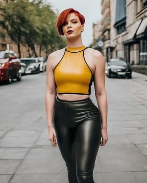 Photograph of a a woman in a yellow leather top and black leather leggings standing on a sidewalk, instagram model, short red hair, athletic footage, full face, large hips, glass skin, nika maisuradze, dressed in beautiful sport clothing 