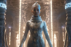 Photorealistic cyber monk girl in translucent neural habit engraved with alien scripture, standing full body as glowing energy phantom serpents coil around her. Towering geometric alien temples in background beam digital energy into sky. Crisp focus on girl, textured outfit, tangible serpent scales, sci-fi backdrop. Subtle cinematic lighting enhances atmospheric mood. VFX of spectral emissions from temples. Detailed 8K resolution CGI ,photo r3al