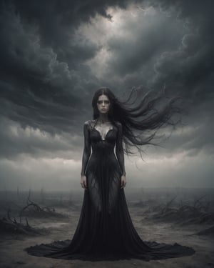 In front of a brooding cloudy sky, an eerie scene unfolds. Standing tall is a woman draped in a flowing black dress, her long hair cascading down her back. The image captures her as a female revenant, exuding an aura of ethereal darkness. Her face contorts with a hysterical expression, evoking a sense of anguish and torment. This mesmerizing image, potentially a haunting photograph, showcases Giger textures, adding a touch of otherworldly allure. The high-quality details vividly depict the contrast between her pale skin and the somber backdrop, immersing viewers in the enigmatic atmosphere of the scene.,LinkGirl