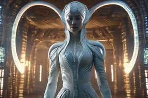 Photorealistic cyber monk girl in translucent neural habit engraved with alien scripture, standing full body as glowing energy phantom serpents coil around her. Towering geometric alien temples in background beam digital energy into sky. Crisp focus on girl, textured outfit, tangible serpent scales, sci-fi backdrop. Subtle cinematic lighting enhances atmospheric mood. VFX of spectral emissions from temples. Detailed 8K resolution CGI ,photo r3al