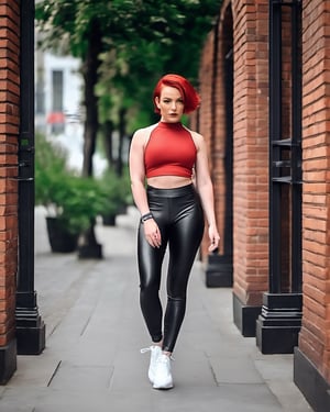 Photograph of a a woman in a red leather top and black leather leggings standing on a sidewalk, instagram model, short red hair, athletic footage, full face, large hips, glass skin, nika maisuradze, dressed in beautiful sport clothing 