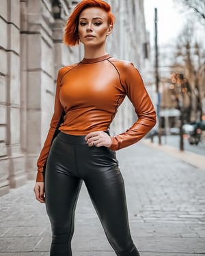 Photograph of a a woman in a orange leather top and black leather leggings standing on a sidewalk, instagram model, short red hair, athletic footage, full face, large hips, glass skin, nika maisuradze, dressed in beautiful sport clothing 