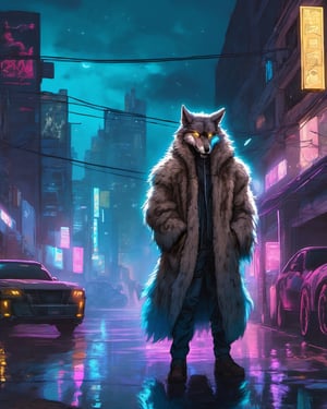 image of a man in a fur coat standing in a city at night, high quality cyberpunk art, an anthro wolf, cryptocurrency in the background, headlights shine with neon light, of an cyber gods, animals in the streets, sky-blue thick fur robes, in a dark alley, by Christopher Moeller