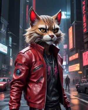 cyberpunker is a sci - fi horror game with a futuristic look, tabaxi male, incredible movie poster, red leather jacket, street of new york, inspired by Mandy Jurgens, anthropomorphic furry art, anamorphic cinematography, 7 feet tall, epic 1986 cinematic still, kda, by Christen Købke