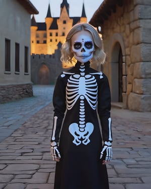 there is a girl in a dress and skeleton makeup standing in a street,  animated movie shot,  rendered with substance designer,  dia de muertos dress and make up,  a girl with blonde hair,  the blacksmits’ daughter,  highly detailed character sheet,  dark neighborhood,  background is Transylvanian castle,  cute character,  death and robots,  charlize,  standing in front,  dreamlike atmosphere,  illuminated by the light of an open window,  and a perfect balance between the light and the dark, detailmaster2, photo r3al,lun4