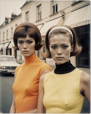 Close-up portrait of two Beautiful models wearing summer clothes collection by Courrèges in 60’s style, soft focus photography, UHD, high resolution, architectural street dynamic ,rich, vivid contrast, depth of field, black tones, crisp, shot on 100mm, f/ 2. O, natural lighting, realistic, impressive, 8k, Photography By Guy Bourdin