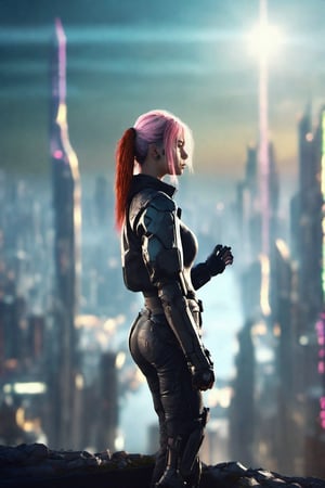  Dystopian, High Detail RAW color Photo, Full Shot, (cute female), standing on an overlook, looking out at sprawling cyberpunk city skyline, perfect face, (highly detailed, fine details, intricate), lens flare:0.5, (bloom:0.5), raytracing, specular lighting, shallow depth of field, 200mm lens, hard focus, smooth, cinematic film still
