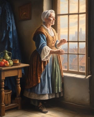 A Jan Hackaert-inspired painting of a 50-year-old woman, dressed in 1050-style clothing, with a dreamlike atmosphere, illuminated by the light of an open window, and a perfect balance between the light and the dark,detailmaster2