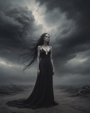 In front of a brooding cloudy sky, an eerie scene unfolds. Standing tall is a woman draped in a flowing black dress, her long hair cascading down her back. The image captures her as a female revenant, exuding an aura of ethereal darkness. Her face contorts with a hysterical expression, evoking a sense of anguish and torment. This mesmerizing image, potentially a haunting photograph, showcases Giger textures, adding a touch of otherworldly allure. The high-quality details vividly depict the contrast between her pale skin and the somber backdrop, immersing viewers in the enigmatic atmosphere of the scene.