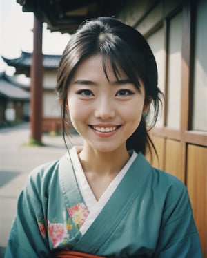 Portrait of happy japanese girl hyperrealistic surrealism Technicolor 8k  photorealistic photography Nikon on film Kodak Tri-X Pan 800 iso drawn in Style of Enki tBilal,LinkGirl,photo r3al