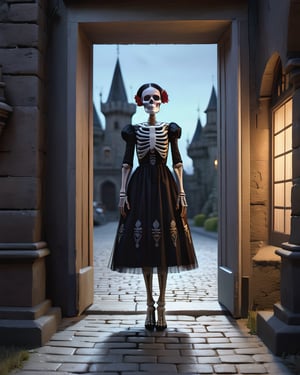 there is a female in a dress and skeleton makeup standing in a street,  animated movie shot,  rendered with substance designer,  dia de muertos dress and make up,  highly detailed character sheet,  dark neighborhood,  background is Transylvanian castle,  cute character,  death and robots,  charlize,  standing in front,  dreamlike atmosphere,  illuminated by the light of an open window,  and a perfect balance between the light and the dark, detailmaster2, photo r3al,lun4