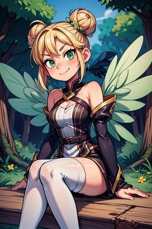 1girl, solo_female, short hair, blonde, smirk, white thigh high socks, sitting, wings, green eyes, magical forest, hair buns