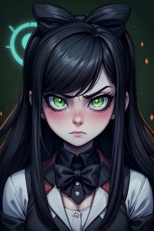 1girl, female_solo, close up, green eyes, spiralwash eyes, hypnotized, goth, black hair, sparkles, unamused