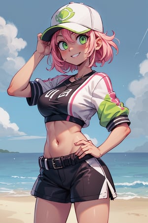 1girl, solo_female, one hand on head, one hand on hip, baseball cap, midriff, lime green and white outfit, pink hair, green eyes, outdoors, smile