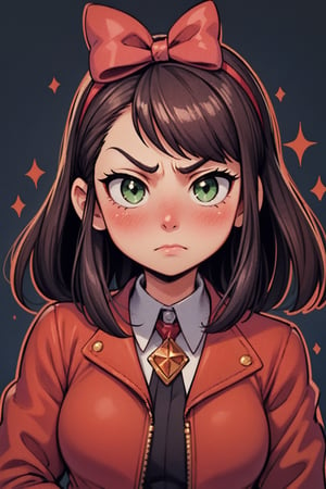 1girl, female_solo, close up, green eyes, unamused, brunette, red bow on head, blush, red jacket, sparkles