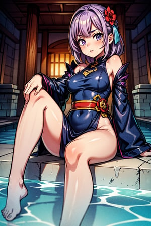 1girl, female_solo, sitting in a water temple, feet in water, barefoot, bare legs, pagoda, violet hair