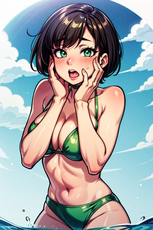 1girl, female_solo, tropical island, brunette, bobcut, green eyes, floral bikini, green bikini, hands on face, shocked, mouth open, midriff, in water, ahegao