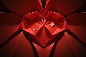 Star-shaped origami, origami effect, red background, layered effect, obvious shadow of each layer, high resolution, combination of origami geometric shapes, peripheral dimming, spotlight effect, God's perspective, flower shape, symmetry, origami blossom