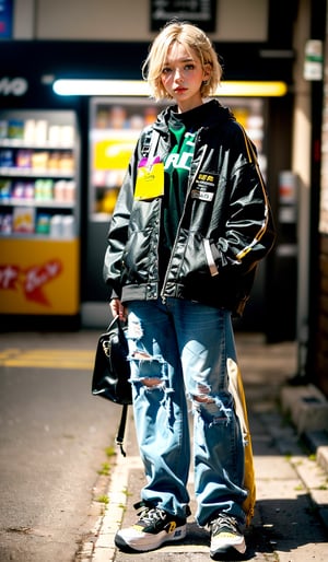 ((Masterpiece)), (Best quality), 1girl, 30 years old, (short blond hair, green eyes: 1.4, (girl in convenience store), (wearing black oversized jacket and black baggy jeans), Air force 1 sneakers, Unique Background, (Film Tone), Beautiful, Aesthetic, Colorful, (Realism), (Perfect Anatomy: 1.2), Detailed Eyes: 1.2, Exposure Mix, Full Body Shot, Bokeh, (Realistic Style), (Ultra Wide Angle Lens), Very Detailed, (hdr: 1.4), High Contrast, (Film, Color: 0.85), (Soft Colors, Dull Colors, Soothing Tone: 1.3), Low Saturation, RAW Photo, Unique, High Resolution rate, perfecteyes, konbini, in Taipei, 7-11,