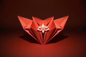 Star-shaped origami, origami effect, red background, layered effect, obvious shadow of each layer, high resolution, combination of origami geometric shapes, peripheral dimming, spotlight effect, God's perspective, flower shape, symmetry, origami blossom